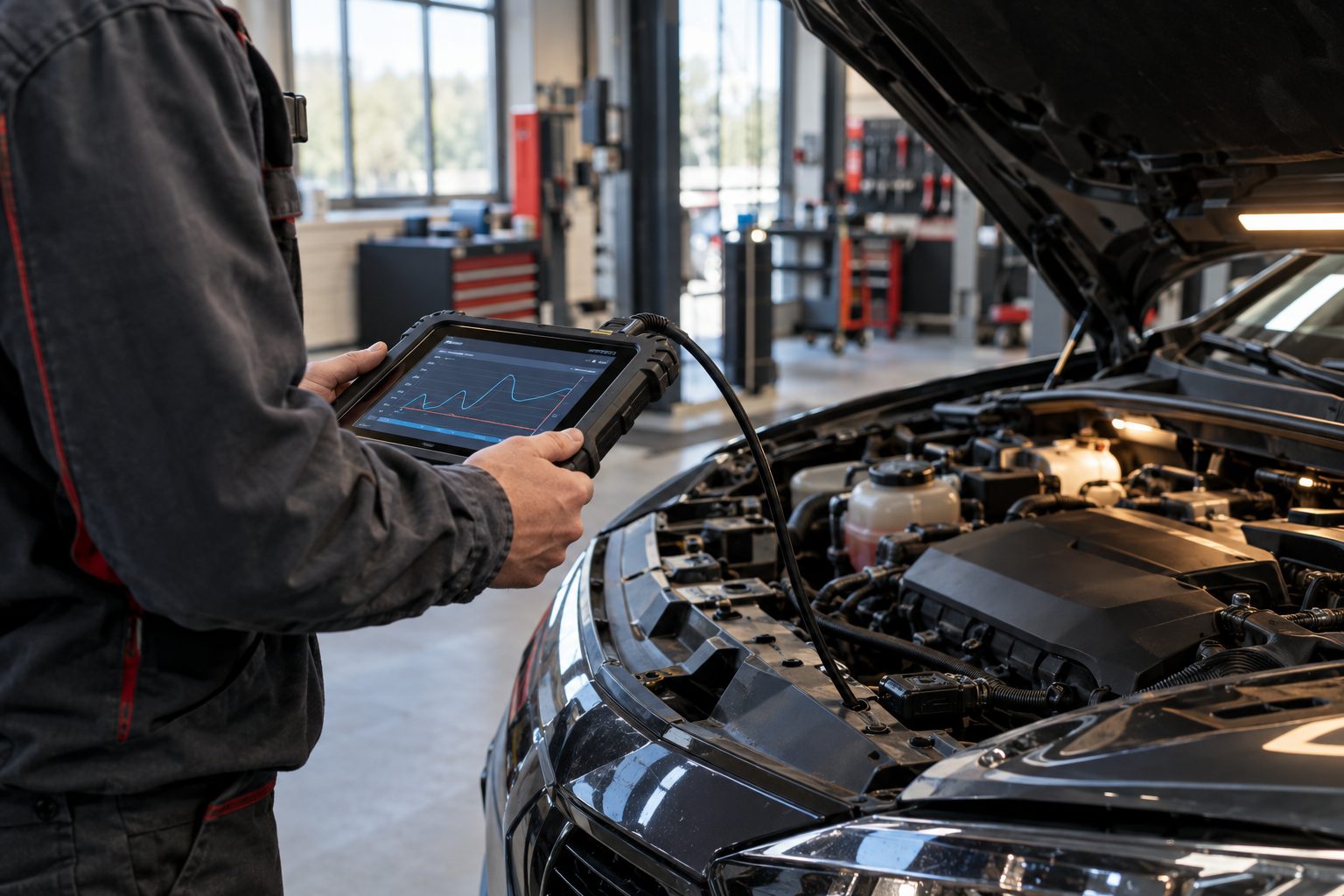 Mechaniker mit Diagnosegerät am geöffneten Motorraum