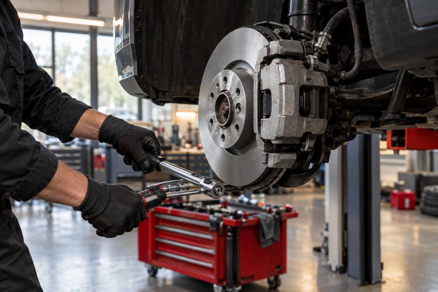 Mechaniker montiert mit Drehmomentschlüssel eine neue Bremsscheibe